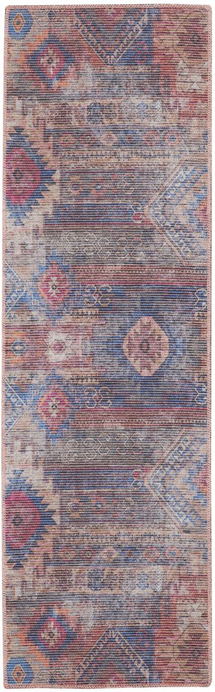 2' X 6' Red And Blue Southwestern Power Loom Distressed Washable Runner Rug