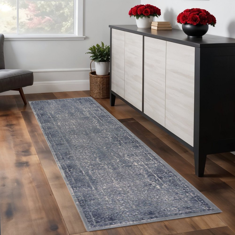 8' Blue Silver Gray And Cream Damask Distressed Runner Rug