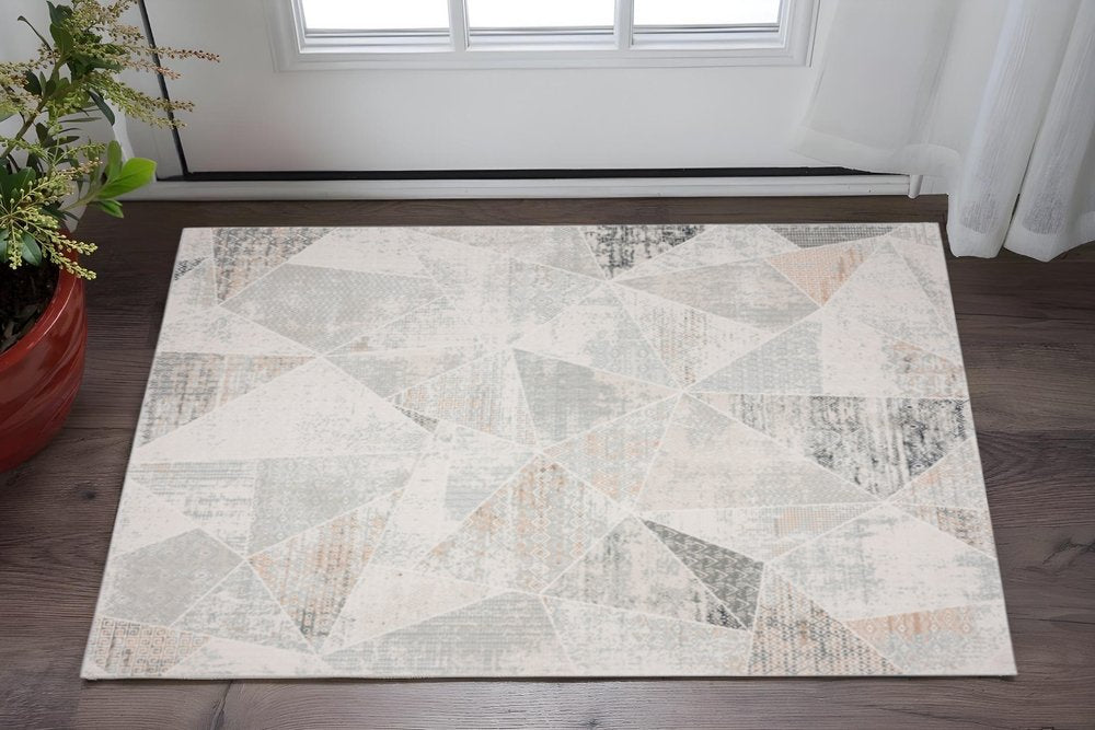 2' X 3' Gray Blue Taupe And Cream Geometric Distressed Stain Resistant Area Rug