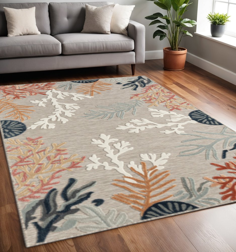 5' X 7' Grey Beige Orange Blue And White Coastal Coral Indoor Outdoor Area Rug