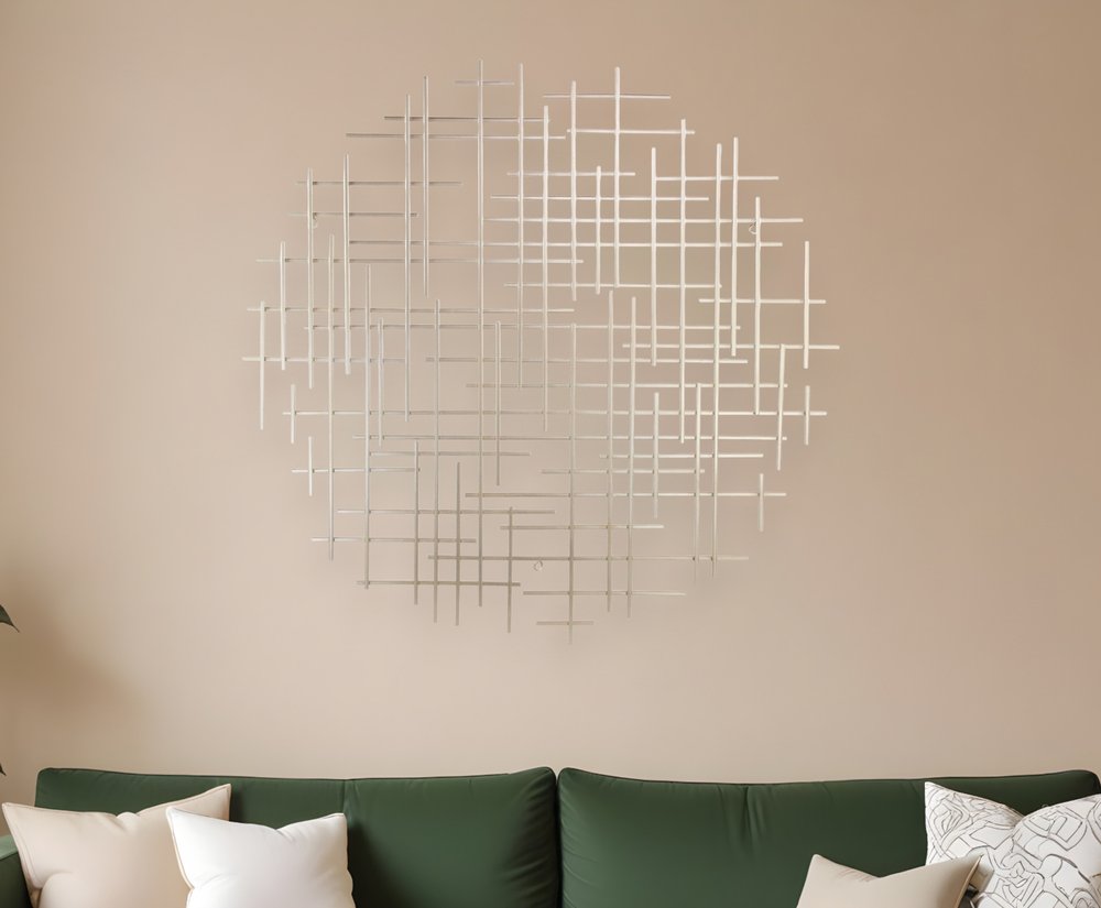 37" X 38" Silver Metal Abstract Lines Round Hanging Dimensional Sculpture
