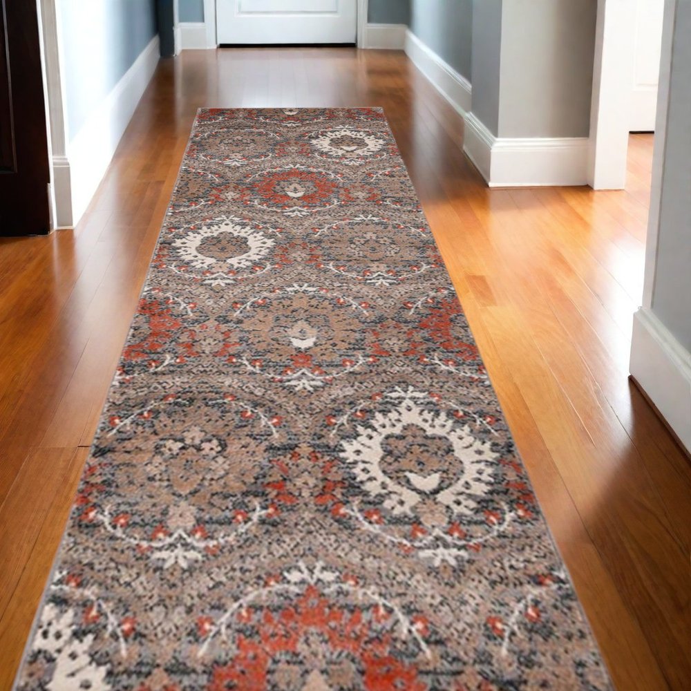 10' Rust Brown And Gray Floral Runner Rug