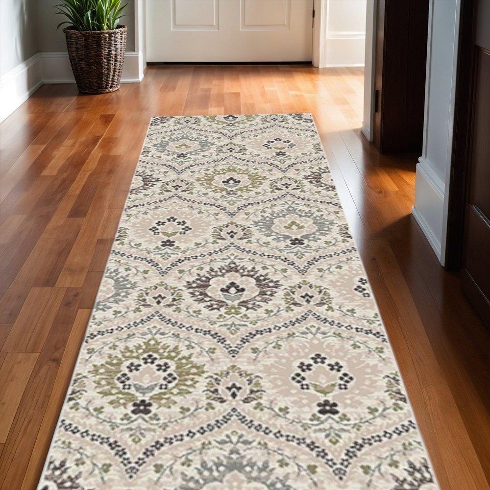 11' Black Ivory And Gray Floral Runner Rug
