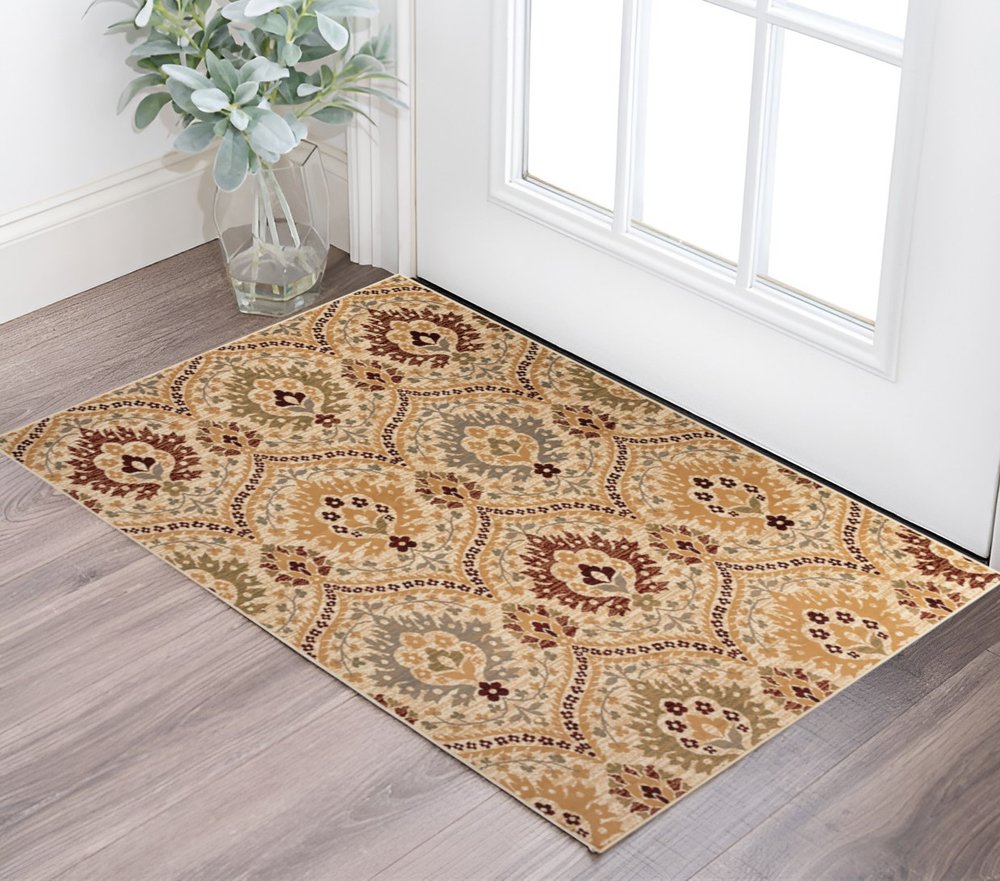 2' X 3' Beige Red And Gray Floral Area Rug