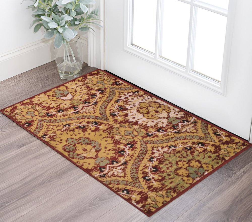 2' X 3' Red And Gold Floral Area Rug