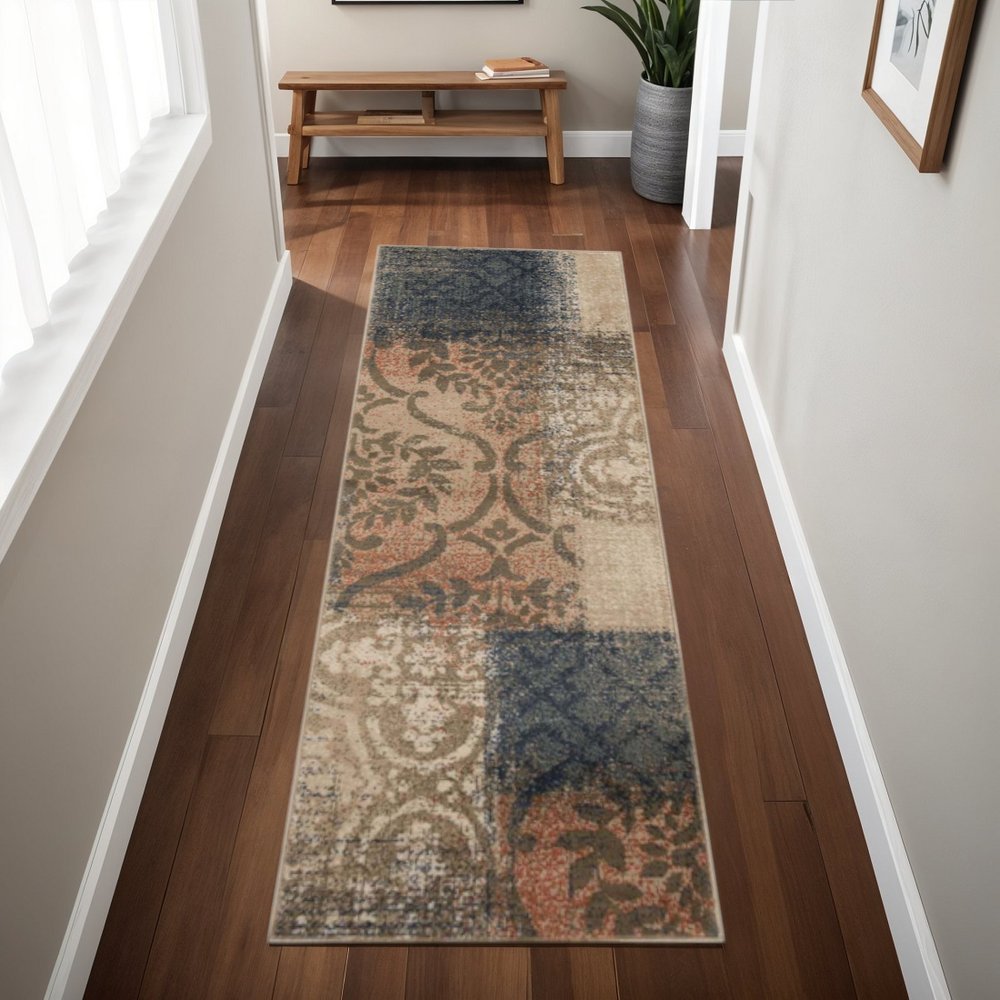 8' Blue And Ivory Damask Distressed Runner Rug