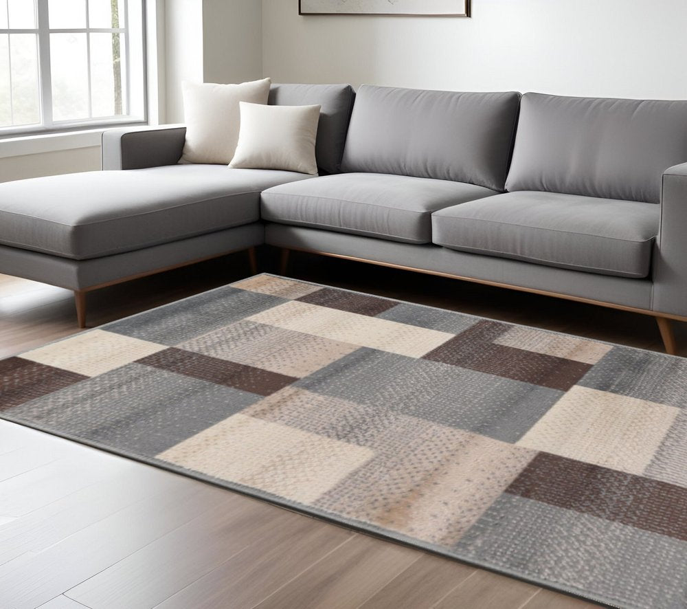 7' X 9' Gray Tan And Brown Patchwork Area Rug