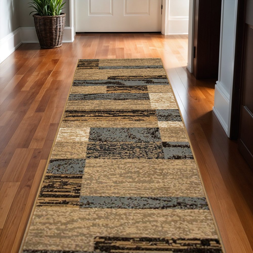10' Blue And Beige Patchwork Runner Rug