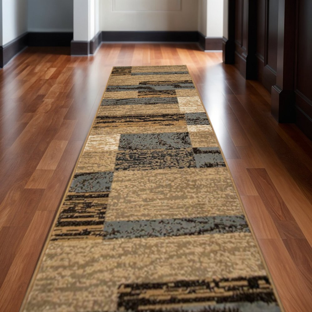 12' Blue And Beige Patchwork Runner Rug