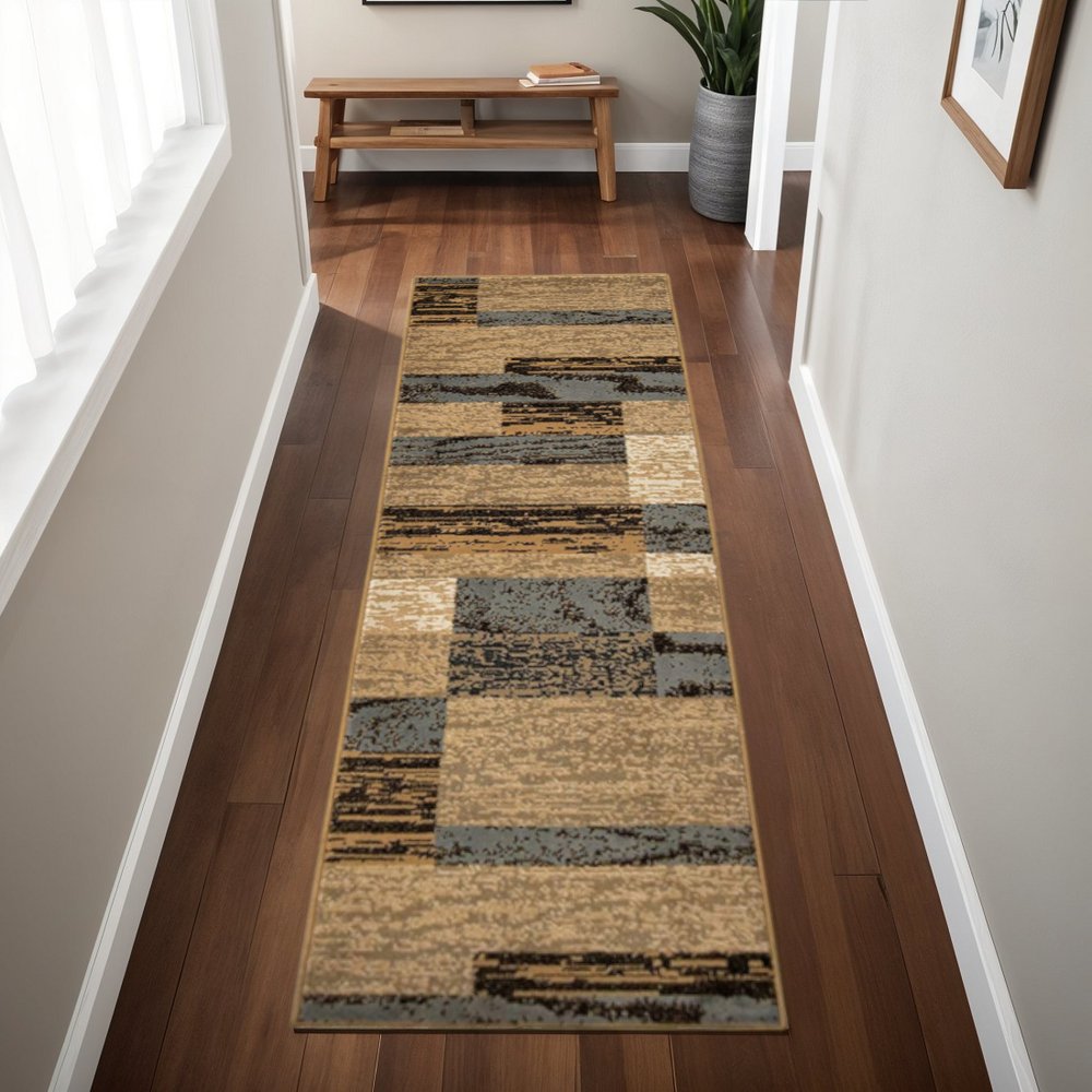 8' Blue And Beige Patchwork Runner Rug
