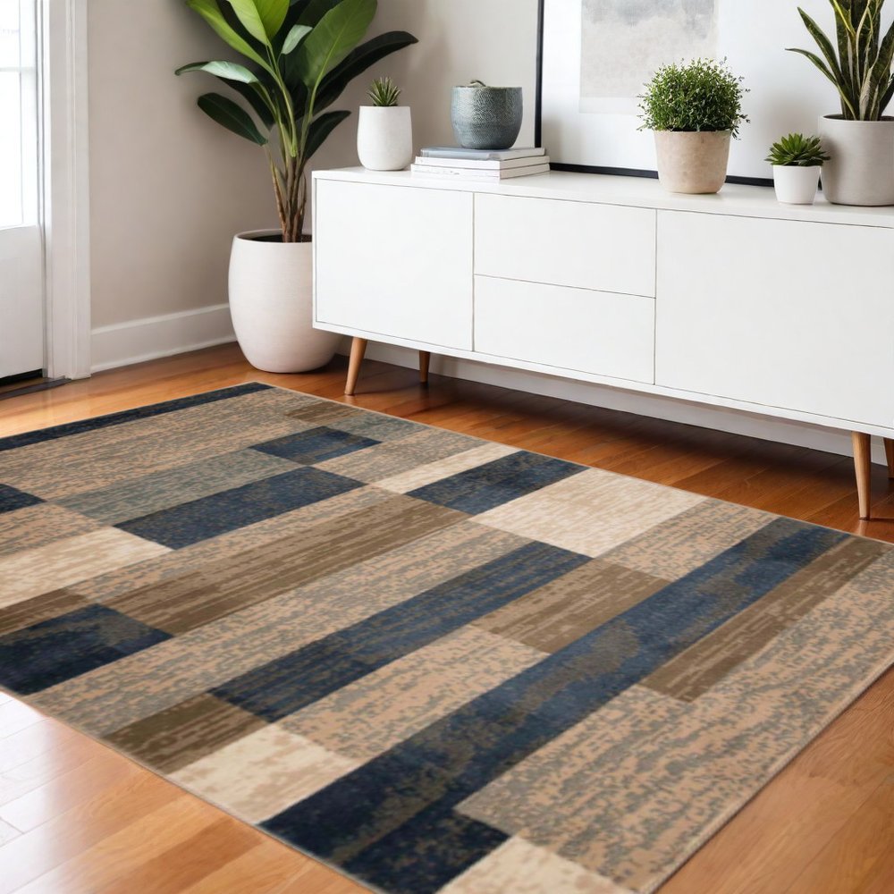 4' X 6' Blue Brown And Beige Patchwork Area Rug