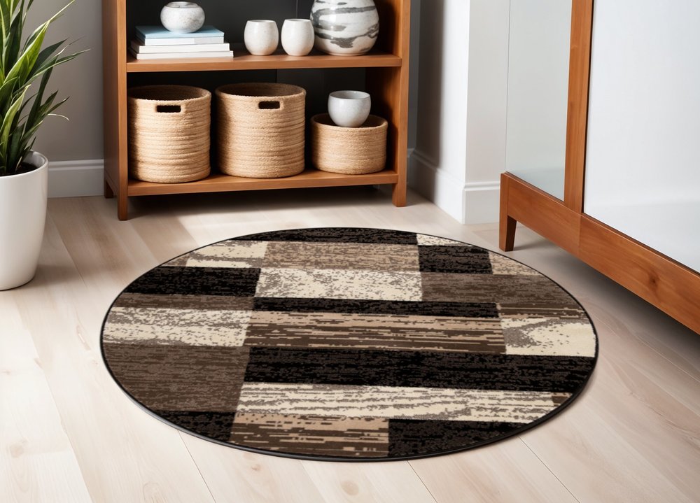 5' Black Brown And Beige Patchwork Round Rug