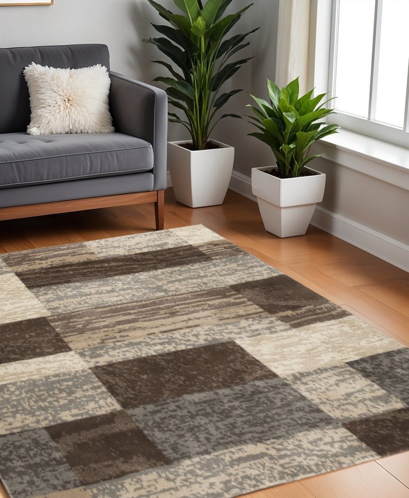 8' Beige Slate Gray And Brown Patchwork Square Rug