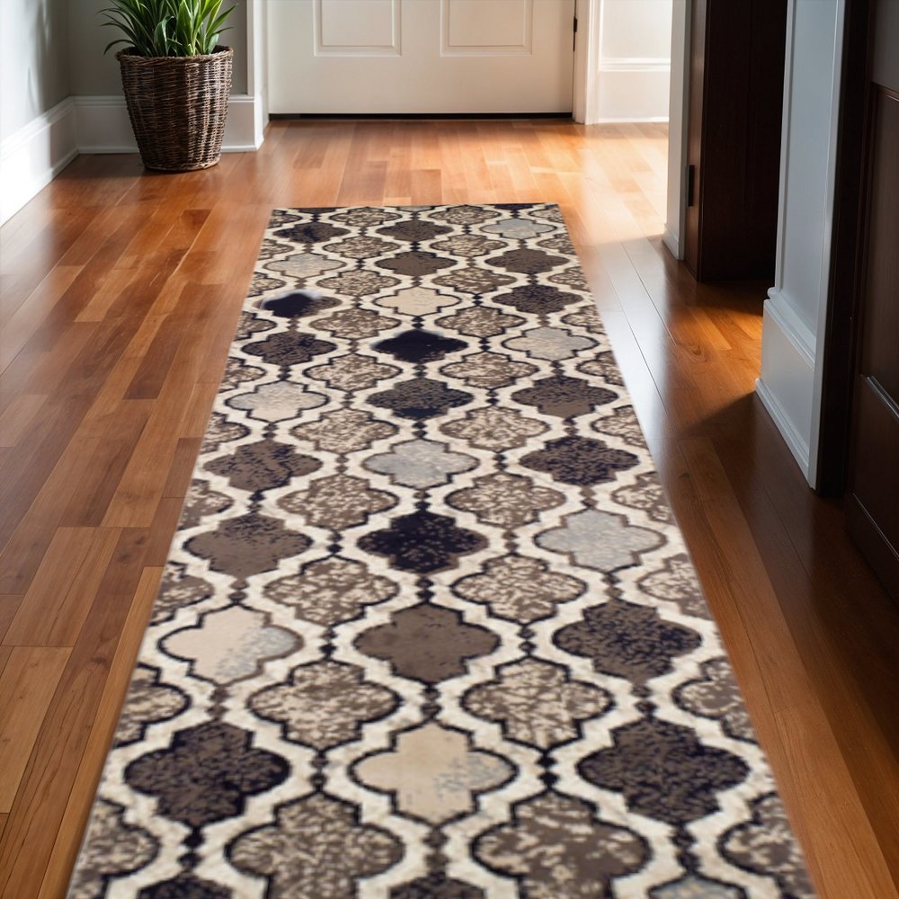 12' Ivory Brown And Black Quatrefoil Distressed Runner Rug