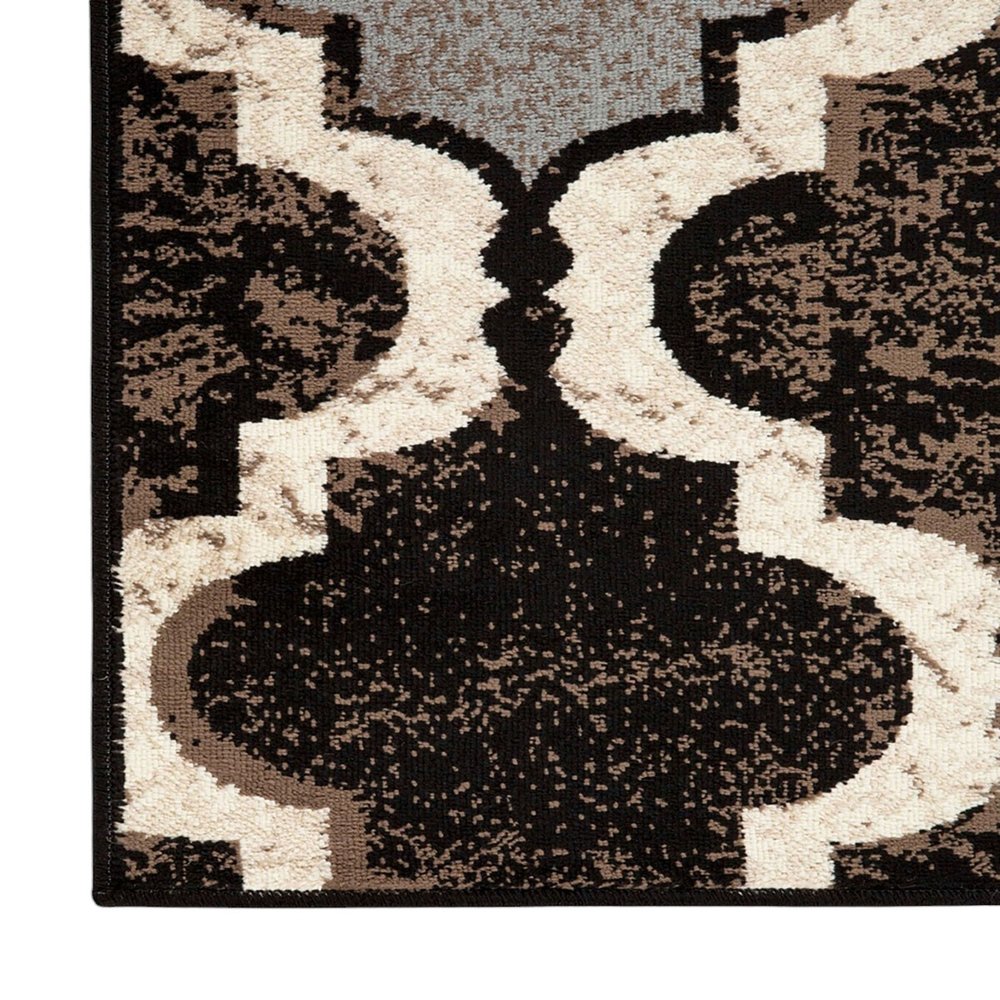 11' Brown Black And Ivory Quatrefoil Distressed Runner Rug