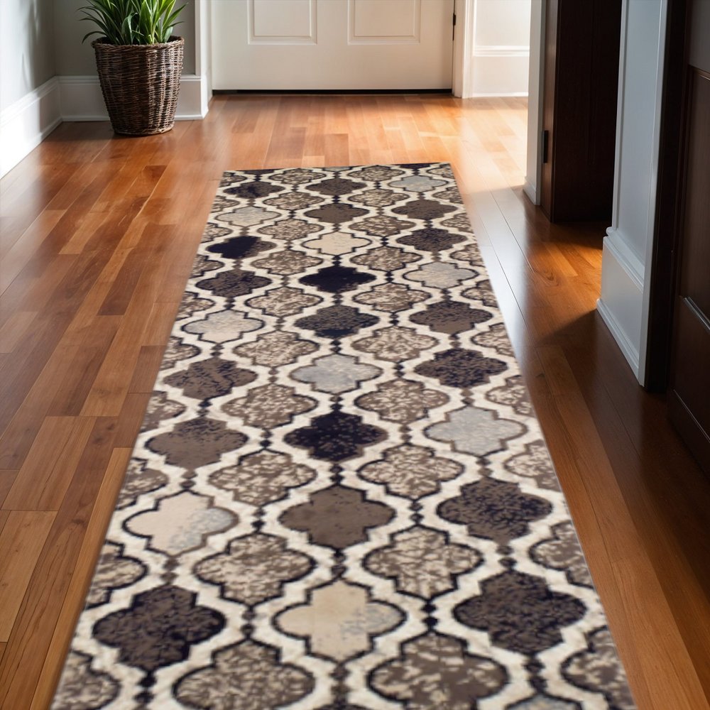 11' Ivory Brown And Black Quatrefoil Distressed Runner Rug