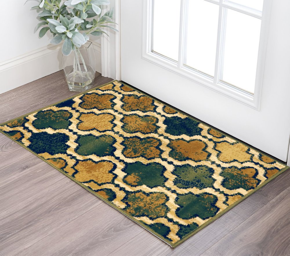2' X 3' Green Brown And Ivory Quatrefoil Distressed Area Rug