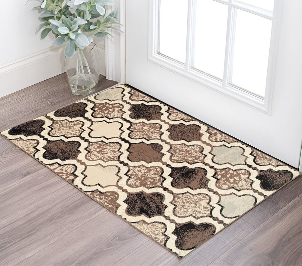 3' X 5' Ivory Brown And Black Quatrefoil Distressed Area Rug