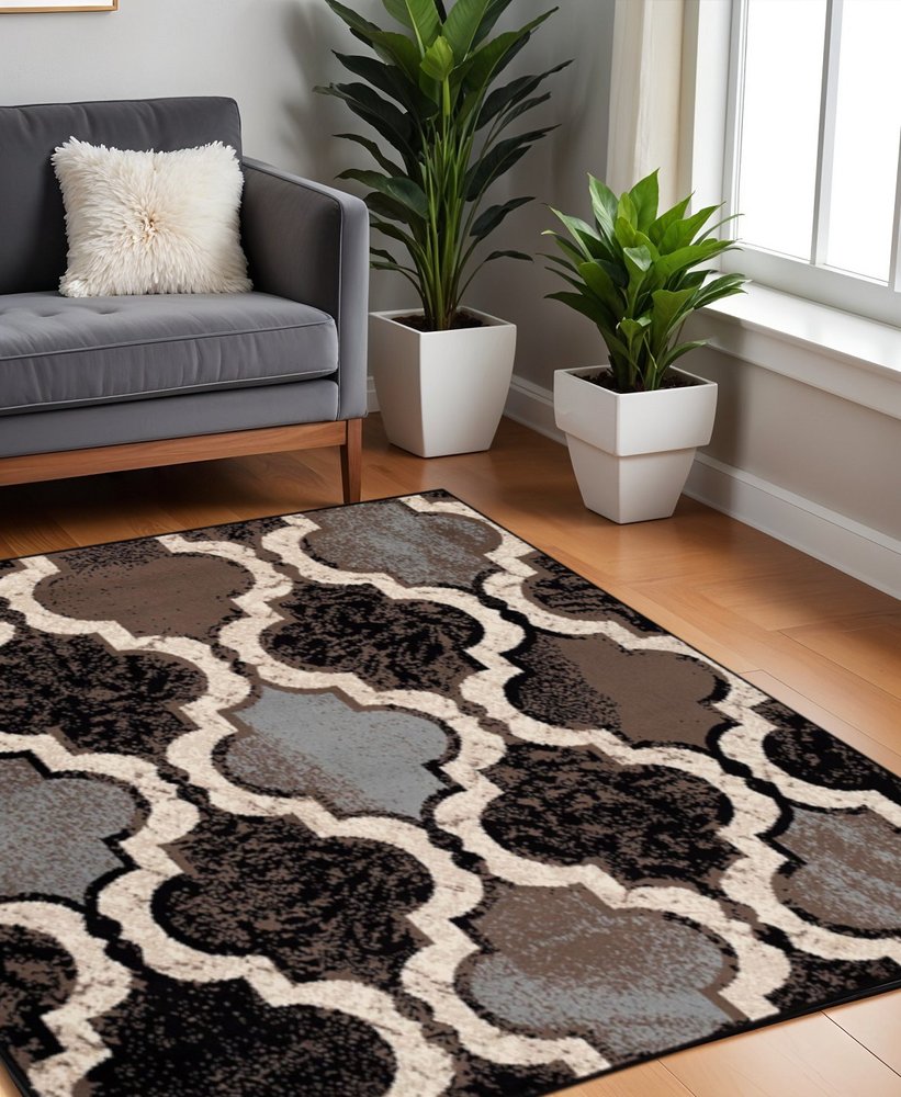 8' Brown Black And Ivory Quatrefoil Distressed Square Rug