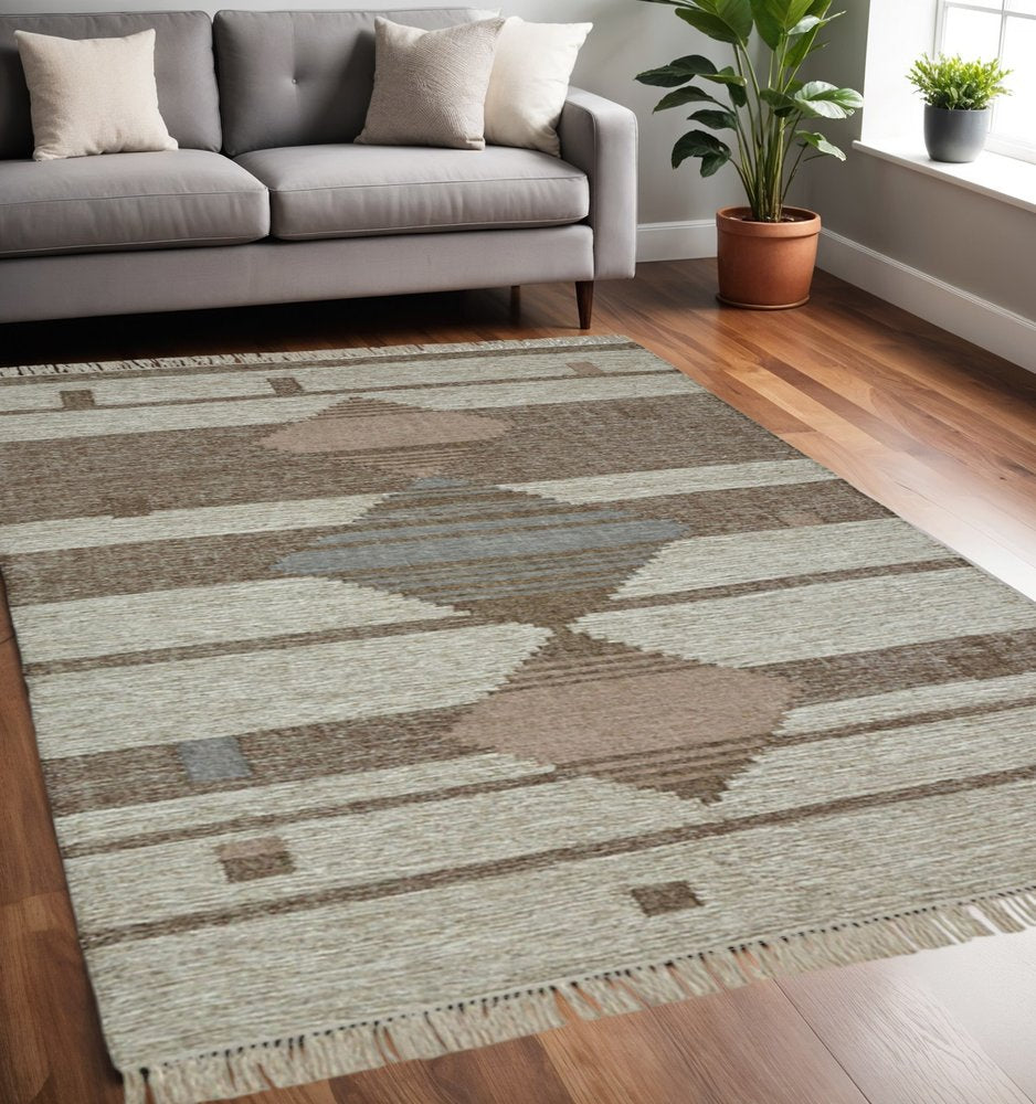 5' X 8' Gray And Brown Geometric Flatweave Handmade Area Rug With Fringe