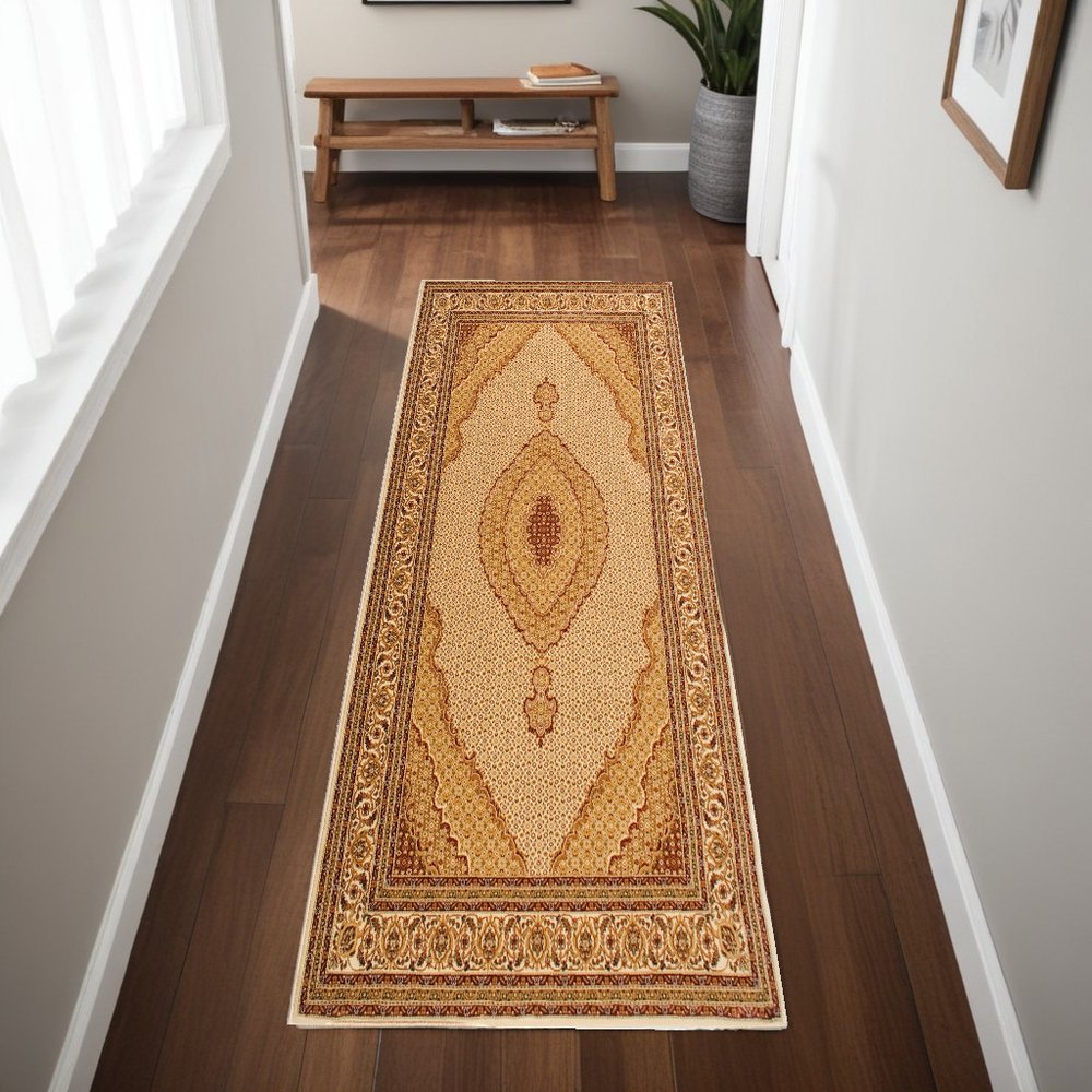 8' Beige And Ivory Oriental Runner Rug