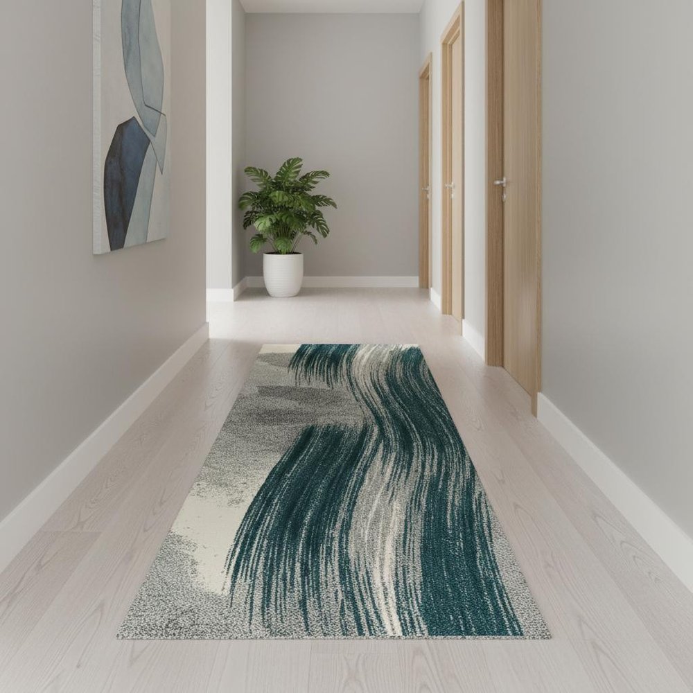 10' Blue And White Abstract Shag Runner Rug