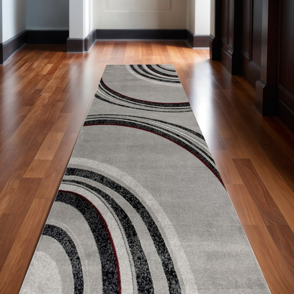13' Gray and Black Abstract Power Loom Distressed Runner Rug