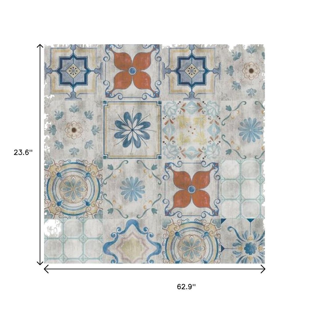 2' X 5' Gray Blue And Rust Mosaic Tile Printed Vinyl Area Rug With UV Protection