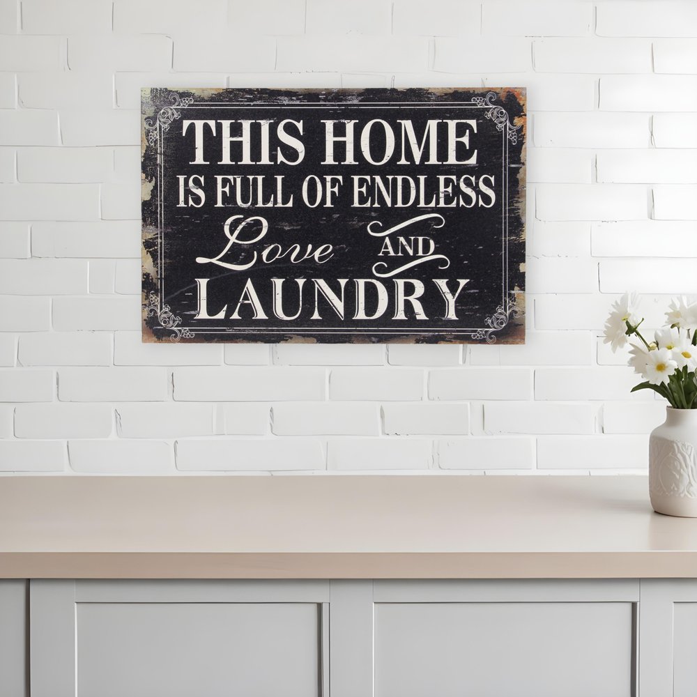 16" X 24" Black and White Endless Love And Laundry Wood Wall Decor