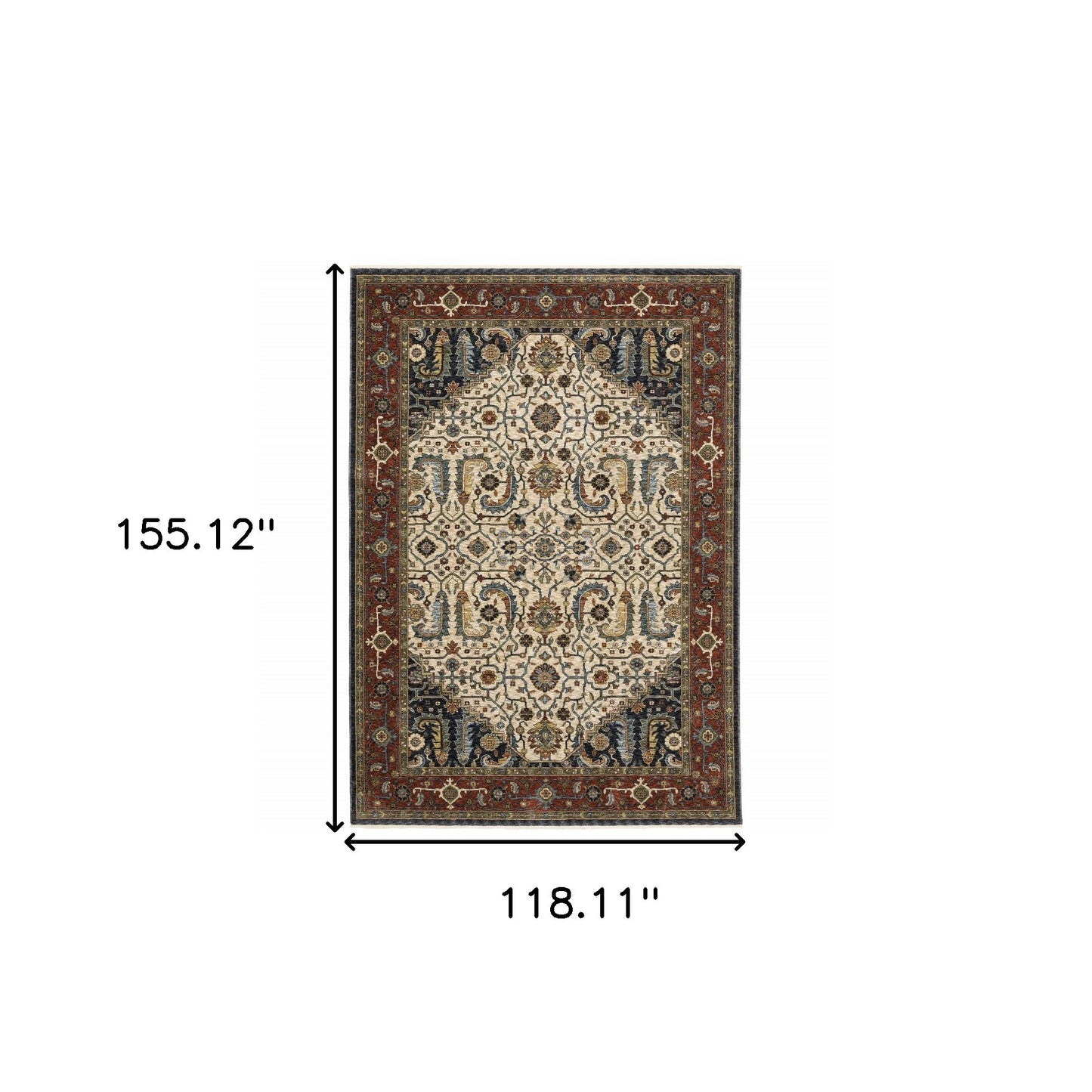2' X 8' Ivory Beige Red Blue Gold Green And Navy Oriental Power Loom Stain Resistant Runner Rug With Fringe