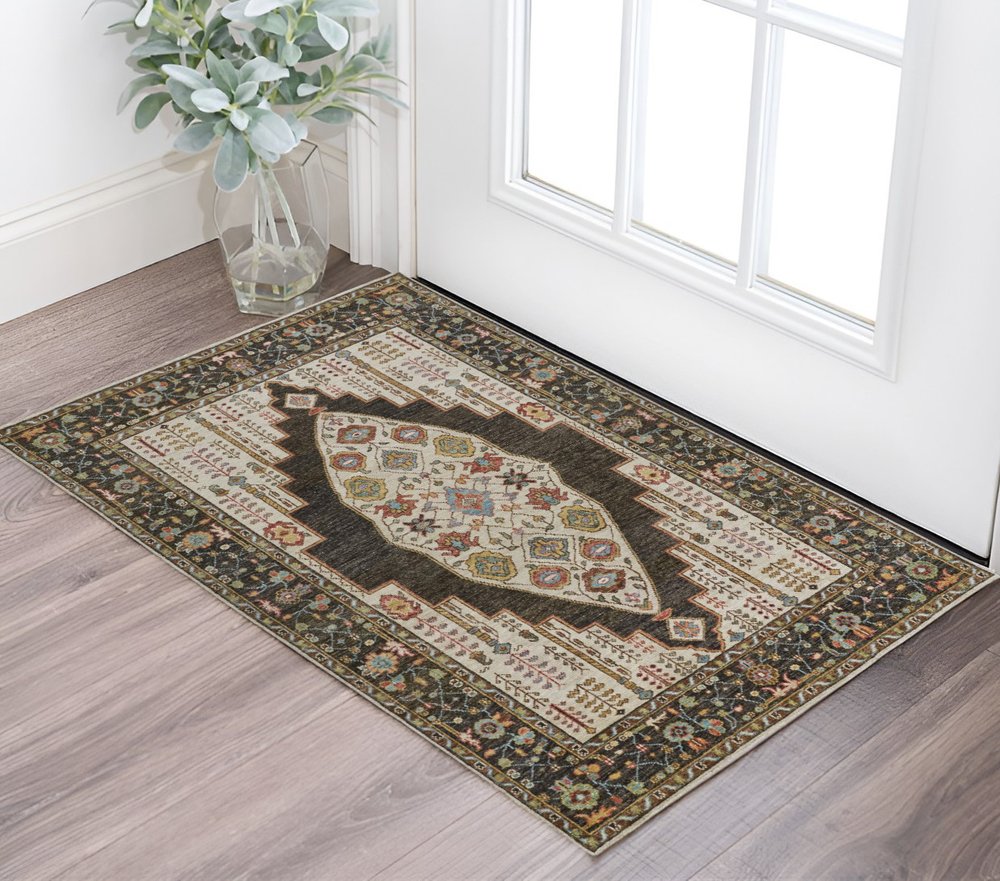 8' Green and Ivory Wool Floral Hand Knotted Distressed Runner Rug With Fringe