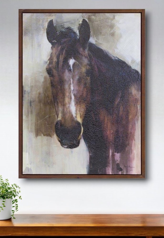 32" X 24" Brown Black And White Horse Wood Framed Art