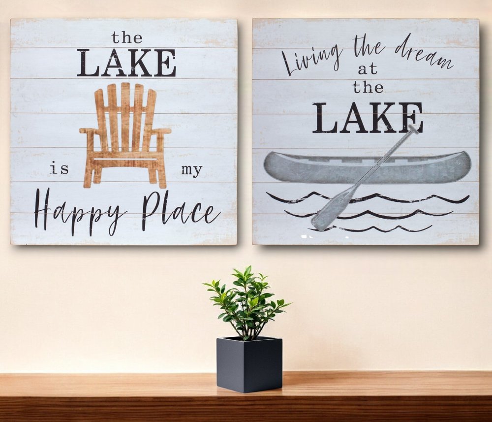 Set of Two White Black And Gray Lake Square Framed Art