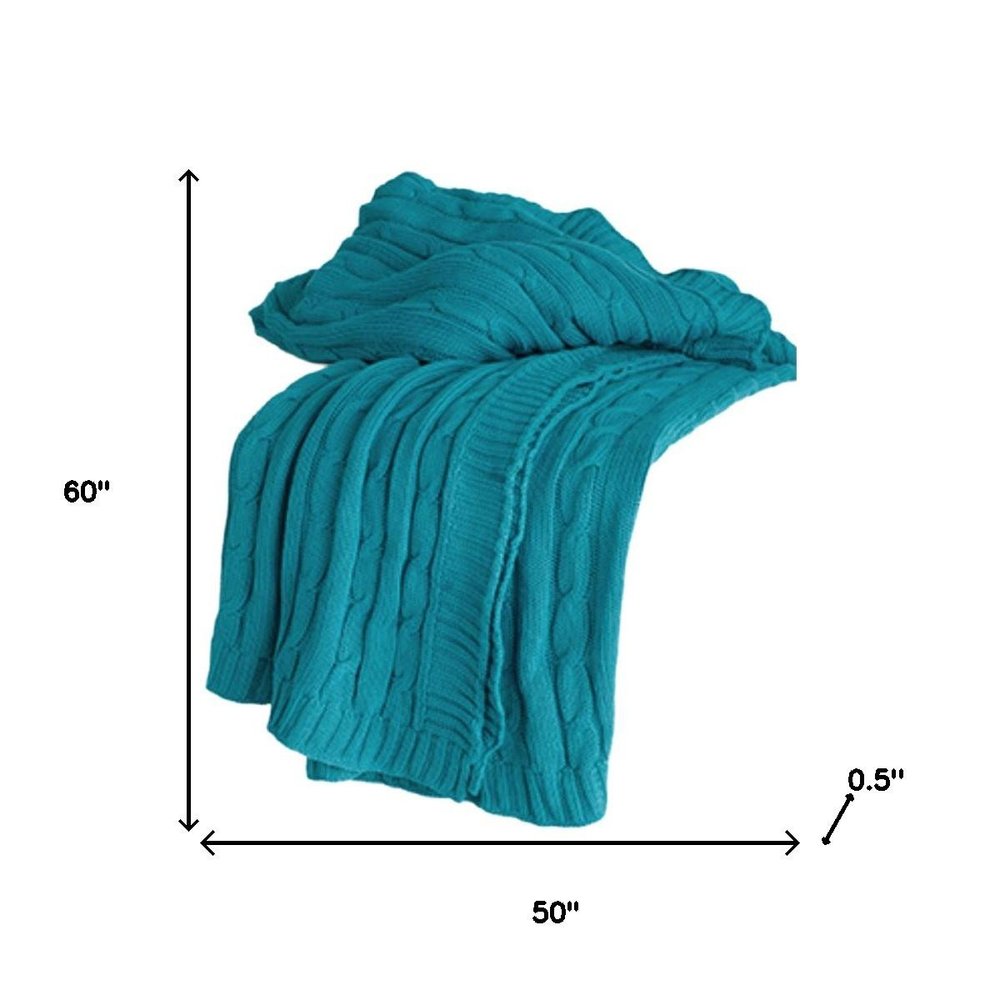 50" X 60" Teal Blue Cotton Cable Knitted Striped Throw Blanket