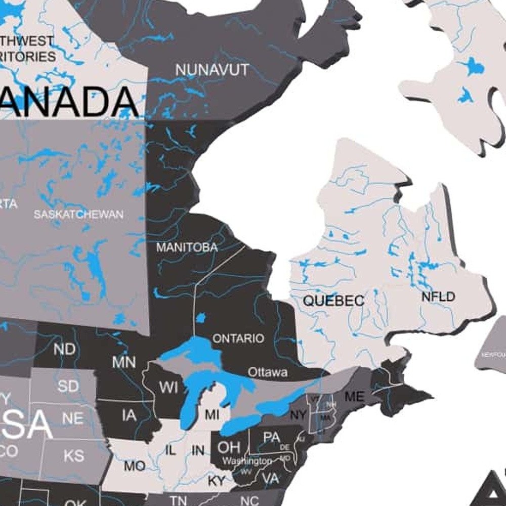 47" X 79" Black Gray and White Wood World Map Hanging Dimensional Sculpture