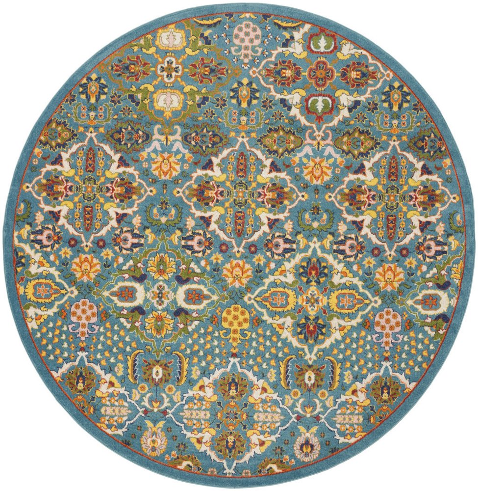 8' Blue Round Floral Power Loom Area Rug