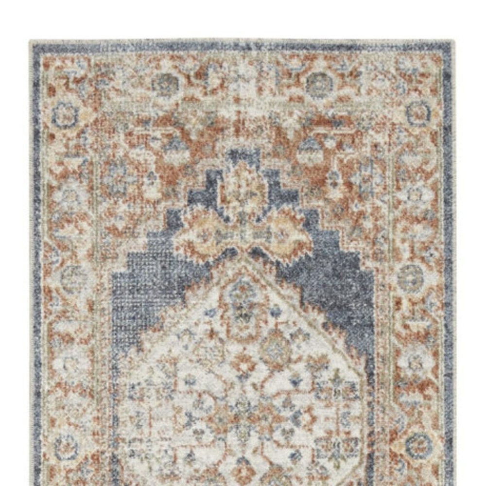 10' Denim Blue Oriental Power Loom Distressed Washable Runner Rug