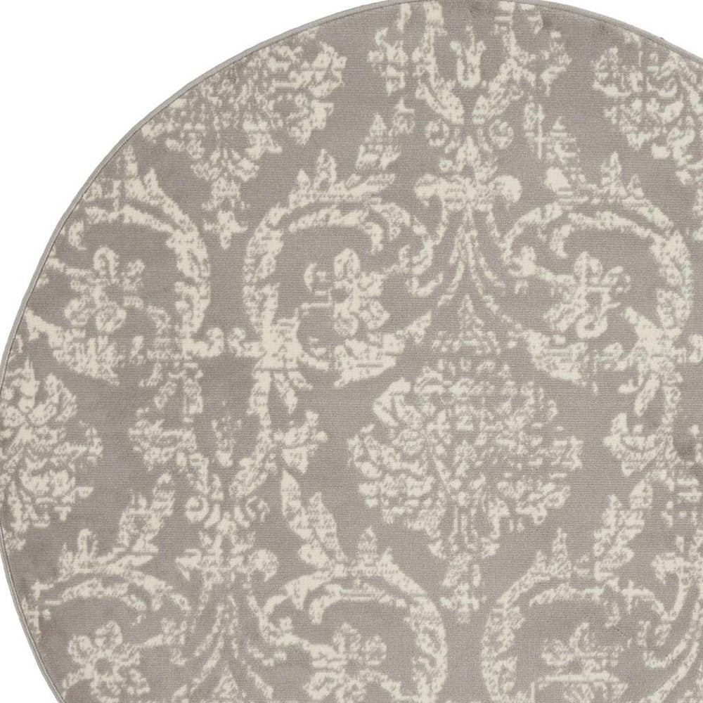 5' Gray Round Damask Power Loom Area Rug