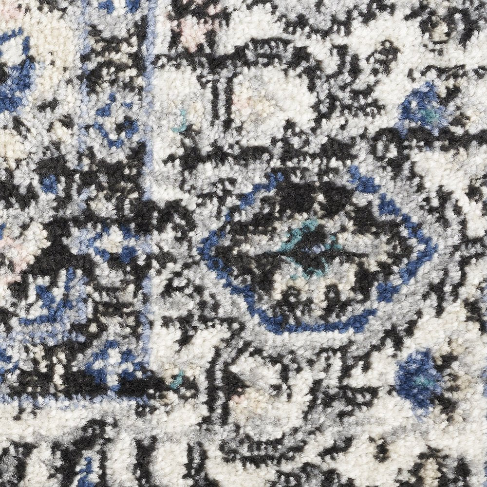 10' Black And Ivory Floral Distressed Runner Rug