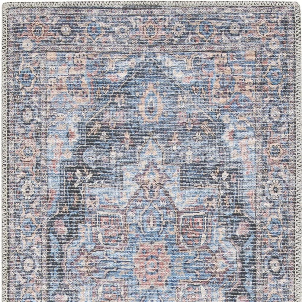 8' Blue Floral Power Loom Distressed Washable Runner Rug
