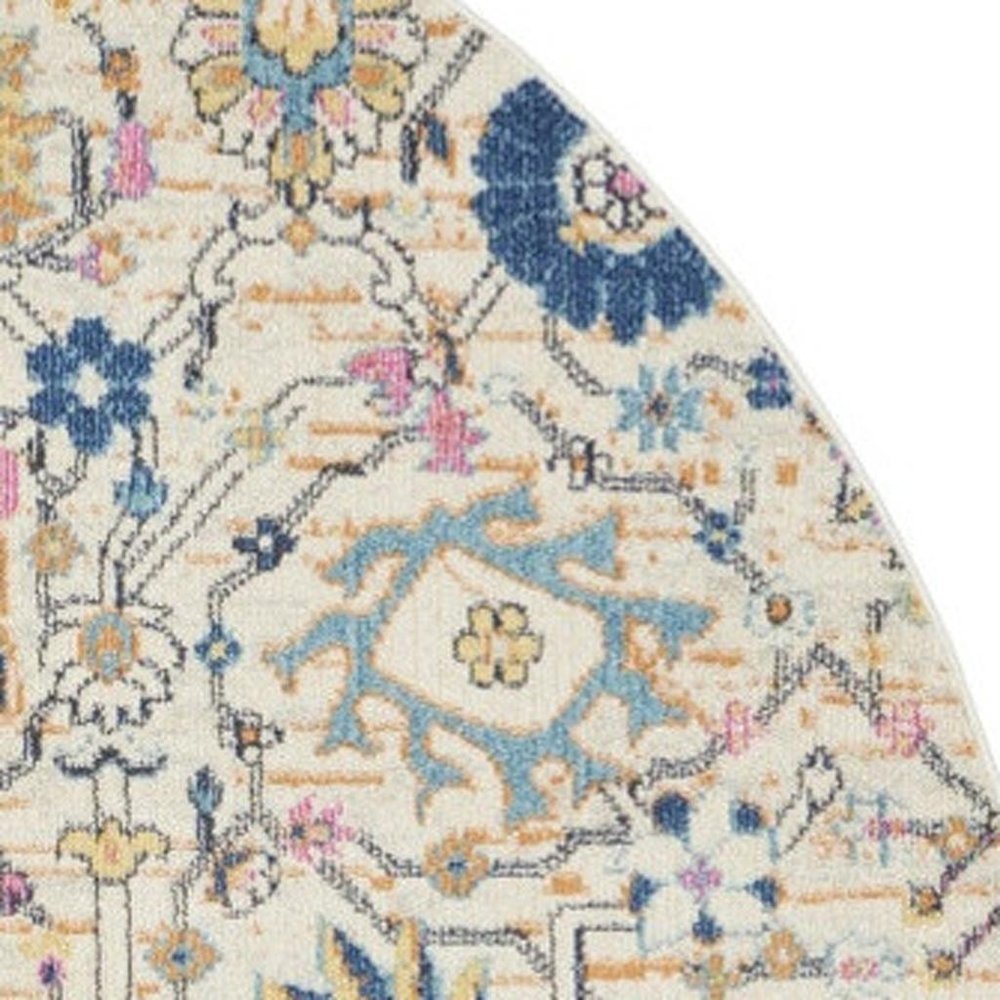 8' Cream Round Floral Power Loom Area Rug