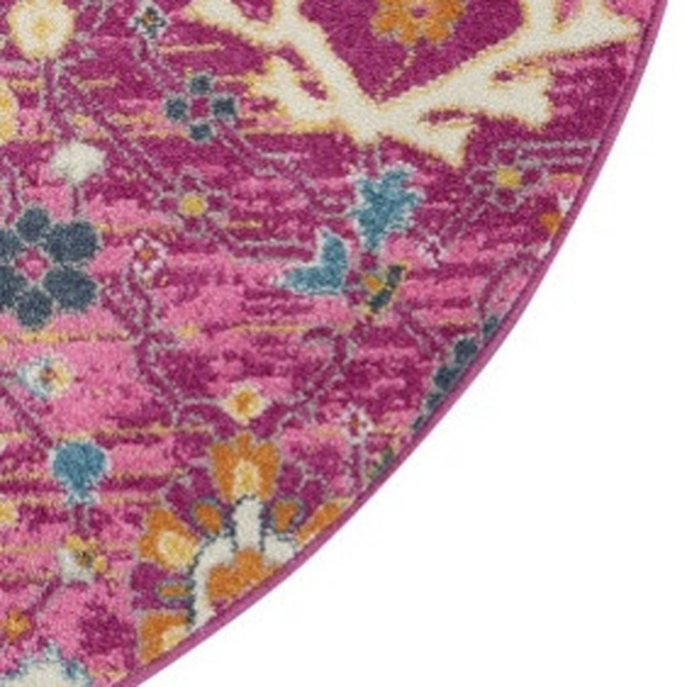 4' Pink Round Floral Power Loom Area Rug