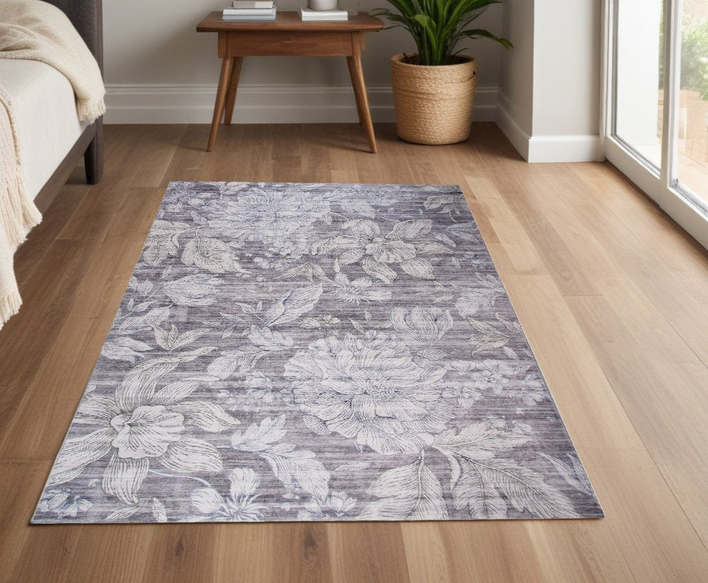 4' X 6' Gray and Beige Floral Area Rug
