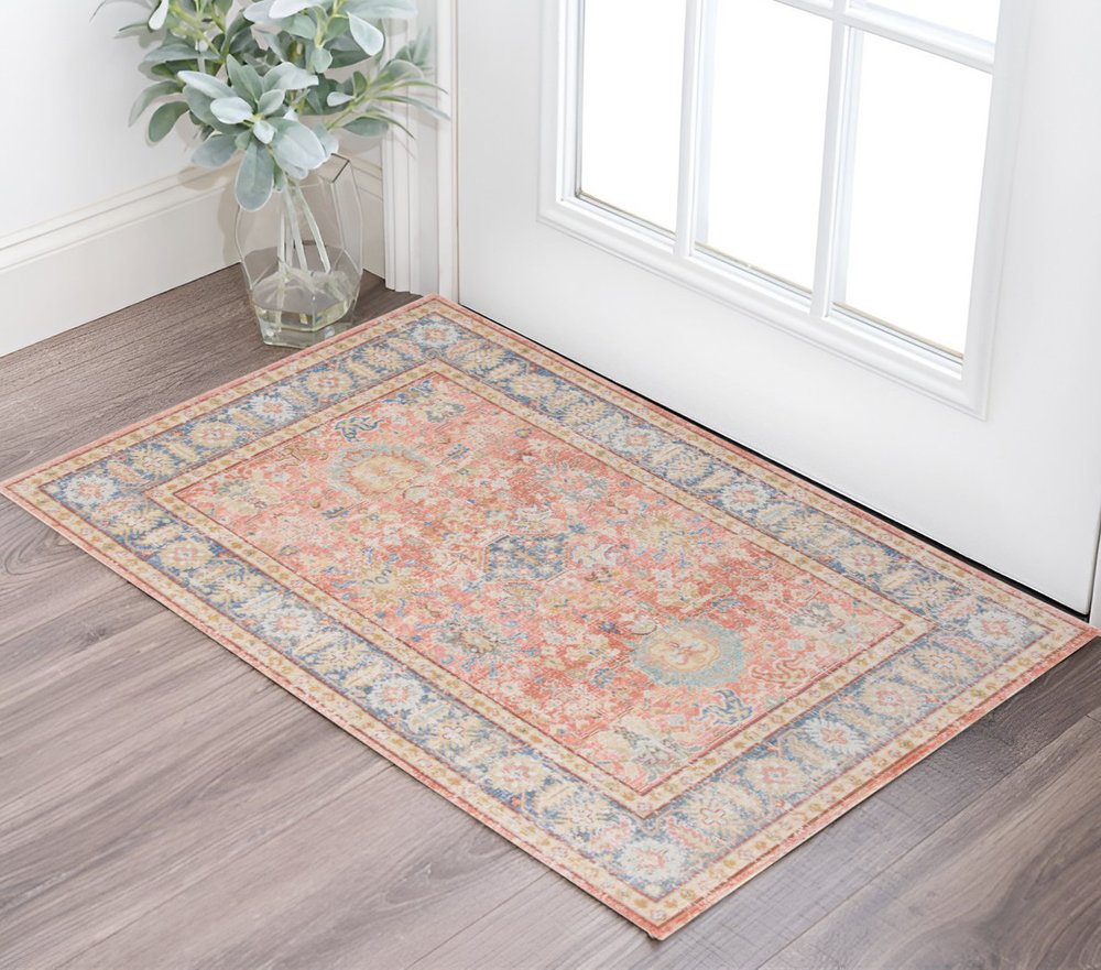 2' X 3' Coral And Blue Oriental Distressed Area Rug