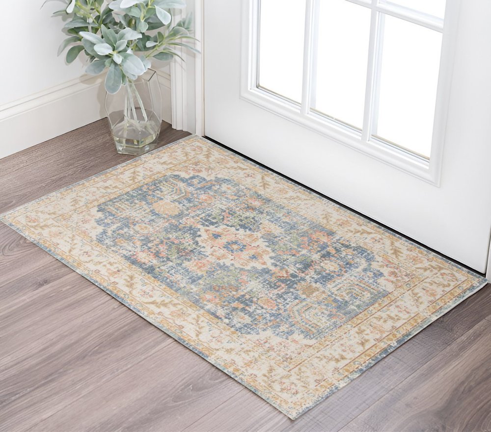 2' X 3' Coral And Blue Floral Distressed Area Rug