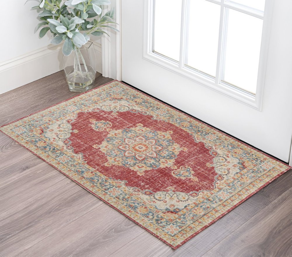 2' X 3' Ivory Red And Blue Medallion Distressed Area Rug