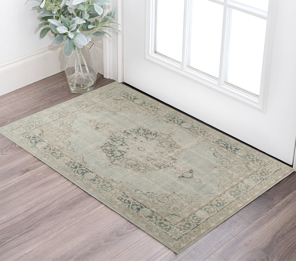 2' X 3' Tan And Light Green Medallion Distressed Area Rug