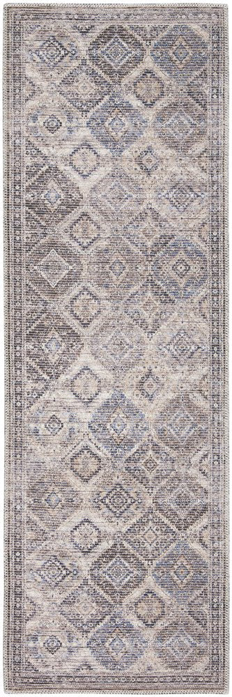 10' Ivory and Tan Floral Power Loom Distressed Washable Runner Rug