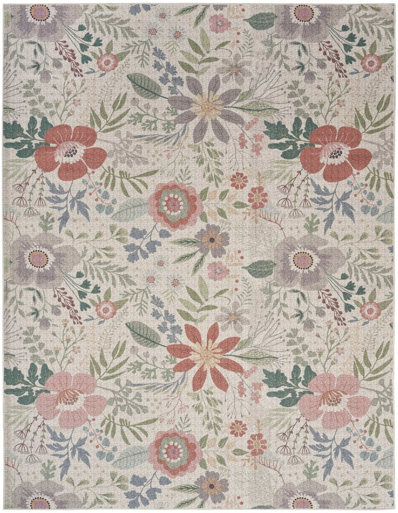 5' X 7' Ivory Green and Red Floral Power Loom Washable Non Skid Area Rug