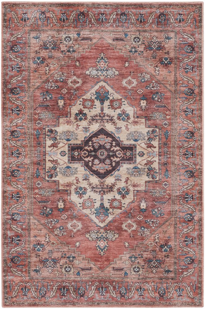 4' X 6' Blue and Red Oriental Power Loom Distressed Washable Non Skid Area Rug